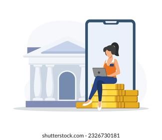 Female sitting on coins and working on laptop. Getting profits from money savings in bank. Business investment profit and valuable economic resources. Budget management methods. Vector