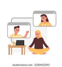 Female sitting on floor and talking with woman and man online. Concept of video conference in different life situations. Call with colleagues. Vector flat illustration in yellow colors
