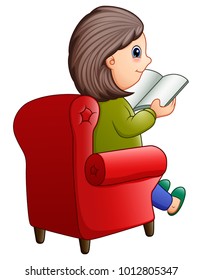 Female sitting on red sofa and reading book