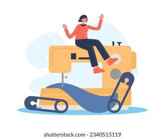 Female sitting on sewing machine. Seamstress work concept. Workplace of tailor sewing machine, rolls of thread, fabric. Flat vector illustration in cartoon style