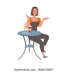 Female Sitting at Table in Cafe, Drinking Coffee and Gossiping Vector Illustration