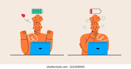 Female sitting at the table with full and low battery. Burnout concept. Colorful vector illustration