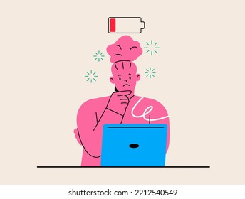 Female sitting at the table with low battery. Burnout concept. Colorful vector illustration