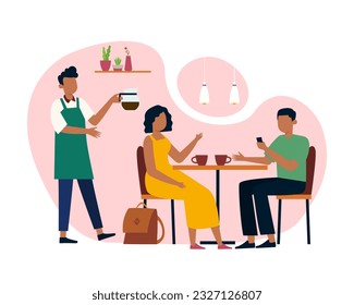 Female sitting at table with man and drinking coffee, waiter brings drink. Experienced coffee shop workers serving clients. Process of making cappuccino at coffee shop. Vector flat illustration