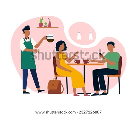 Female sitting at table with man and drinking coffee, waiter brings drink. Experienced coffee shop workers serving clients. Process of making cappuccino at coffee shop. Vector flat illustration