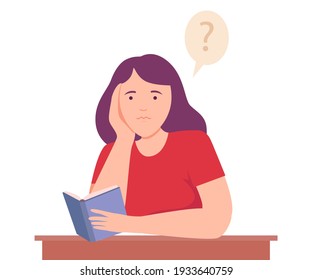Female Sitting at Table with Notepad Thinking and Considering of Something Vector Illustration