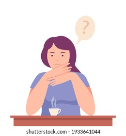 Female Sitting at Table Thinking and Considering of Something Vector Illustration