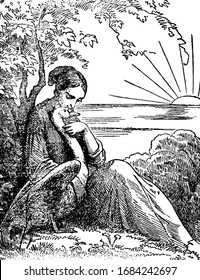 A female sitting under tree and kissing swan bird, sunshine and sea in background, vintage line drawing or engraving illustration