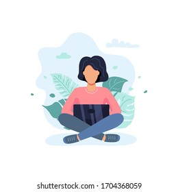 Female is sitting and working on laptop. Freelance or studying concept. Flat cartoon style design. Vector illustration isolated on white background.