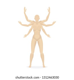 Female with six hands. Many armed cartoon style woman illustration.
Multitasking concept illustration.