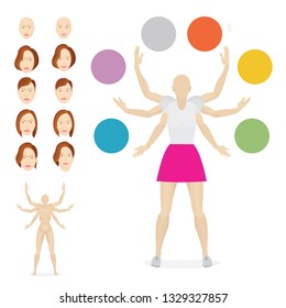 Female with six hands. Many armed cartoon style woman illustration.
Multitasking concept illustration. Face and body constructor.