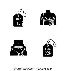 Female size tags and measurements black glyph icons set on white space. Bust and hips circumference, extra small and large labels. Bespoke tailoring silhouette symbols. Vector isolated illustration