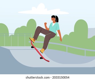 Female Skateboard Character Perform Stunts in Rollerdrome. Stylish Skating Teenager Jumping on High Speed on Board. Extreme Summertime Activity, Skateboarding Hobby. Cartoon Vector Illustration