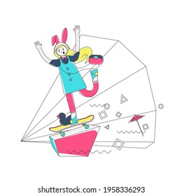 Weibliche Skater mit Enten und geometrischen Elementen, lernen neue Dinge, abstrakter Vektordruck
