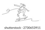 Female skater in motion single continuous line drawing. Extreme youth sport and street leisure vector illustration hand drawn.