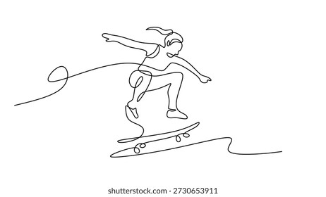 Female skater in motion single continuous line drawing. Extreme youth sport and street leisure vector illustration hand drawn.