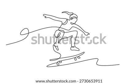 Female skater in motion single continuous line drawing. Extreme youth sport and street leisure vector illustration hand drawn.
