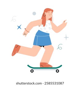 Female Skater Riding A Skateboard In Flat Vector Illustration Symbolizing Youth, Outdoor Activity, And Sports, Isolated On White Background