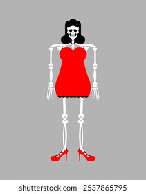 Female skeleton in dress. Bones, skull and women's dress