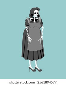 Female skeleton in dress. Bones, skull and women's dress