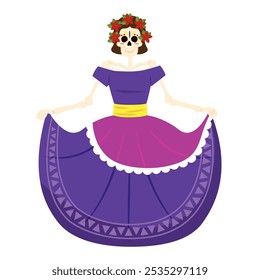 Female skeleton in purple dress for Day of the Dead, Vector