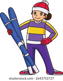Saltador de Esqui Feminino com Placa de Esqui Clipart Cartoon 