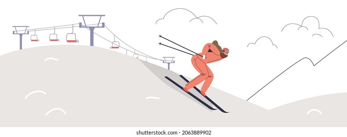 Female skier enjoy winter vacation on ski resort. Happy young woman riding downhill in snowy mountains with cableway on background. Wintertime holiday activity. Cartoon flat vector illustration