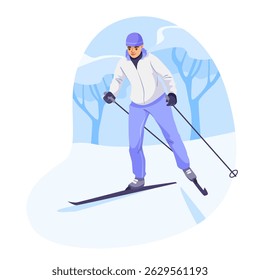 Female skier in motion on snowy trail, flat graphic style, light blue forest background. Concept of winter sport activity. Vector illustration
