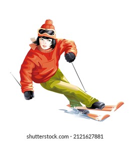 A Female Skier In A Red Ski Jacket. Isolated On White. Vector.