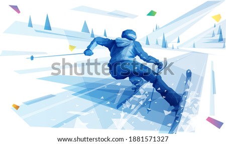 Female skier riding the slope at the hight speed in mountain landscape