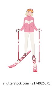 Female skier standing still with pink ski and sticks and winter jacket cartoon character design vector illustration on white background