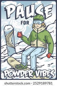 Female skier is taking a break on a mountain slope, enjoying the view and giving a thumbs up. The illustration evokes the joy and peacefulness of winter sports