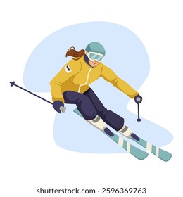 Female skier in yellow jacket skiing downhill in winter. Vector illustration