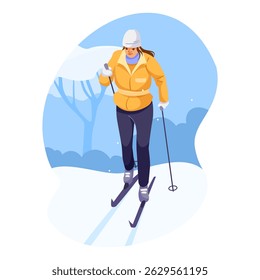 Female skier in yellow jacket skiing through snowy forest, flat style on white and blue background. Concept of winter sports. Vector illustration
