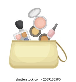 Female skin care cosmetic products in cosmetic bag. Bag full of typical woman things and accessories as eyeshadow, nail polish, blush, brush vector illustration