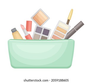 Female skin care cosmetic products in cosmetic bag. Turquoise bag full of typical woman things and accessories as eyeshadow, lipstick, blush, cream vector illustration