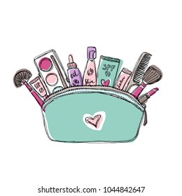 Female skincare cosmetic products in a cosmetic bag. Vector makeup bag.