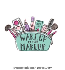 Female skincare cosmetic products in a cosmetic bag. Vector makeup bag with lettering Wake up and makeup.