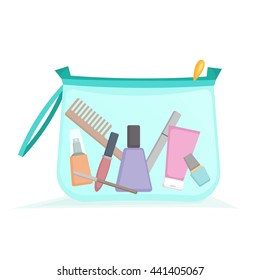 Female skincare cosmetic products in a cosmetic bag. Vector illustration 