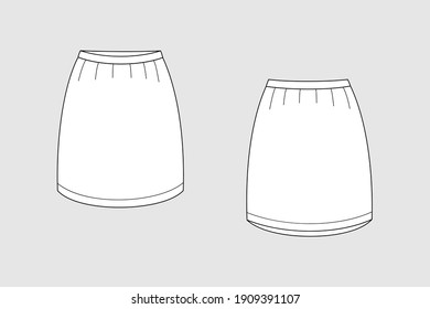 Female skirt vector template isolated on a grey background. Front and back view. Outline fashion technical sketch of clothes model.