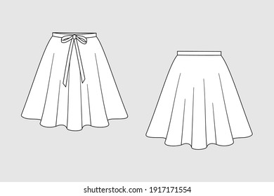 Female Skirt Vector Template Isolated On A Grey Background. Front And Back View. Outline Fashion Technical Sketch Of Clothes Model.