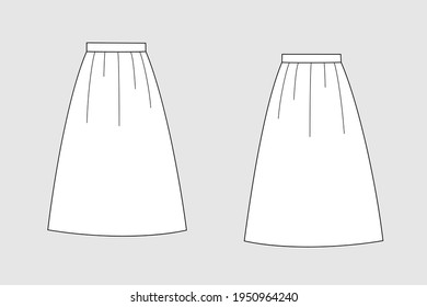 Plantilla vectorial de falda femenina aislada en un fondo gris. Vista frontal y posterior. Esbozo técnico de la moda del modelo de ropa.