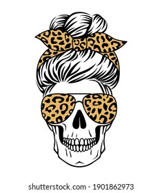 Female skull with aviator glasses bandana and leopard print. Mom skull with messy bun. Vecto illustration. Sugar skull with cheetah pattern.