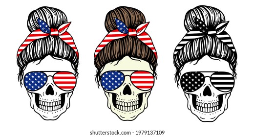 Female skull with aviator glasses bandana and USA Flag print. Mom skull with messy bun. Vector illustration.  Isolated on white background. Good for posters, t shirts, postcards.