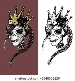 Female skull with crown in dark gothic style, perfect for Halloween, edgy fashion design, or spooky royal themed illustration.
