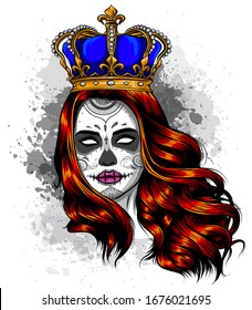 Female skull with a crown and long hair. Queen of death drawn in tattoo style. Vector illustration.