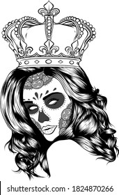 Female skull with a crown and long hair. Queen of death drawn in tattoo style. Vector illustration.