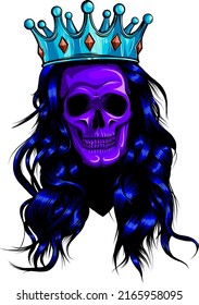 Female skull with a crown and long hair. Vector illustration.