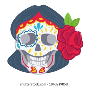 Female skull with floral and decorative ornaments with roses, day of the dead traditions and celebration. Halloween customs in Latin America, flora bouquet and body art, vector in flat style