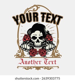 Female Skull Flower Weightlifting Barbell Vector Design Badge Illustration for Logo, T-shirt Design and Others